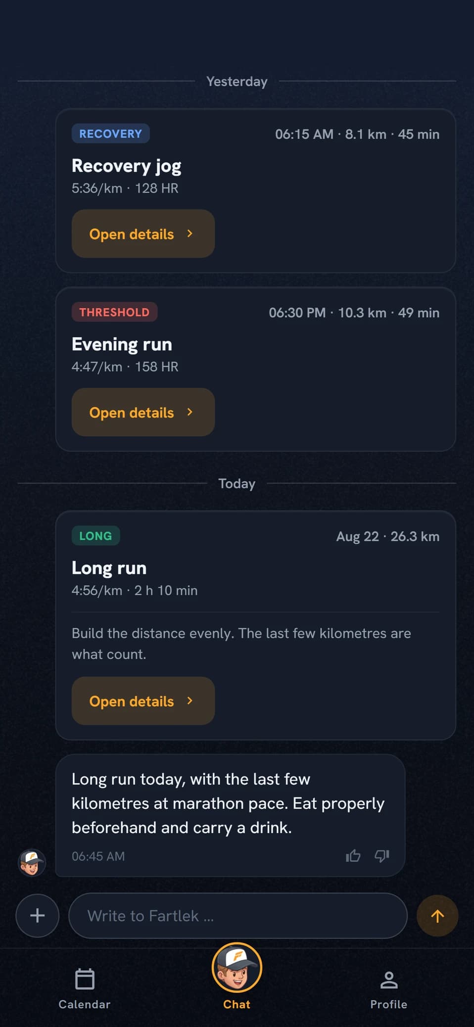 Coach Fartlek chat view with ongoing coaching conversation