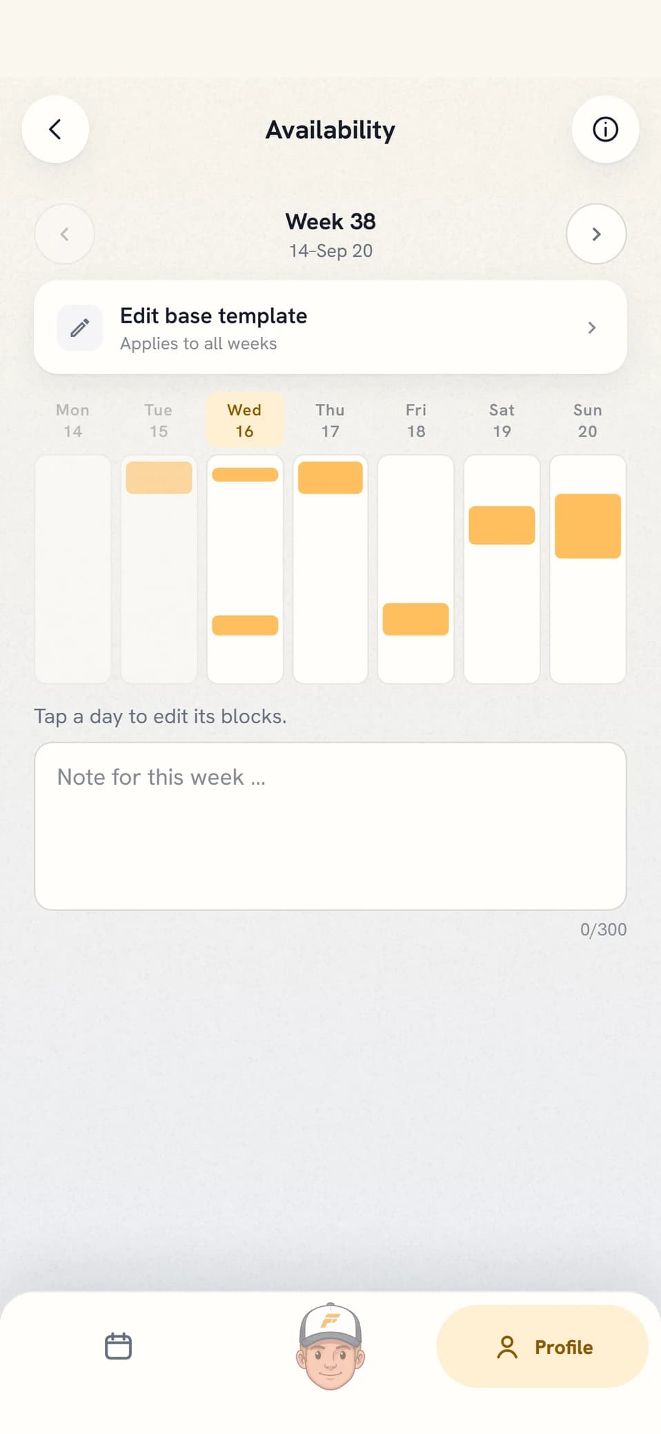 Coach Fartlek availability view with training times per day
