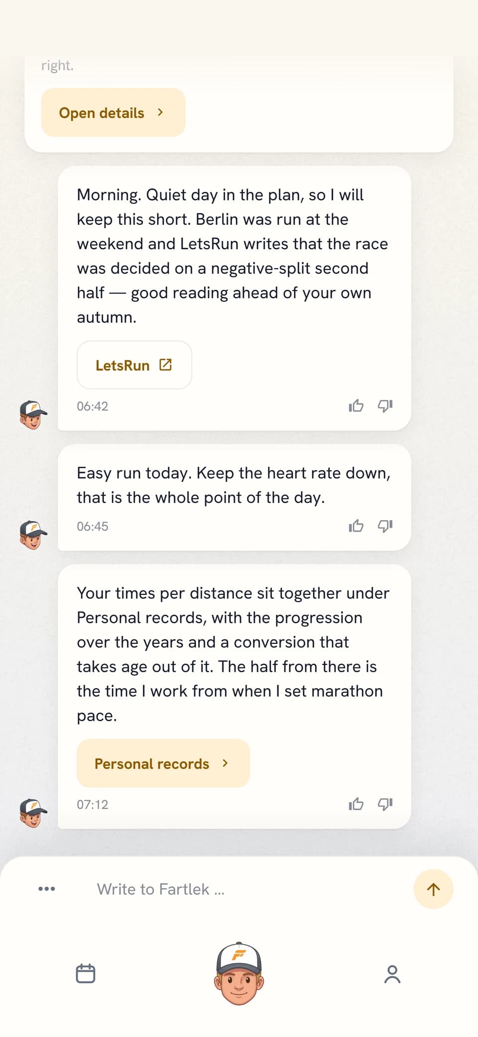The coach’s messages in the chat