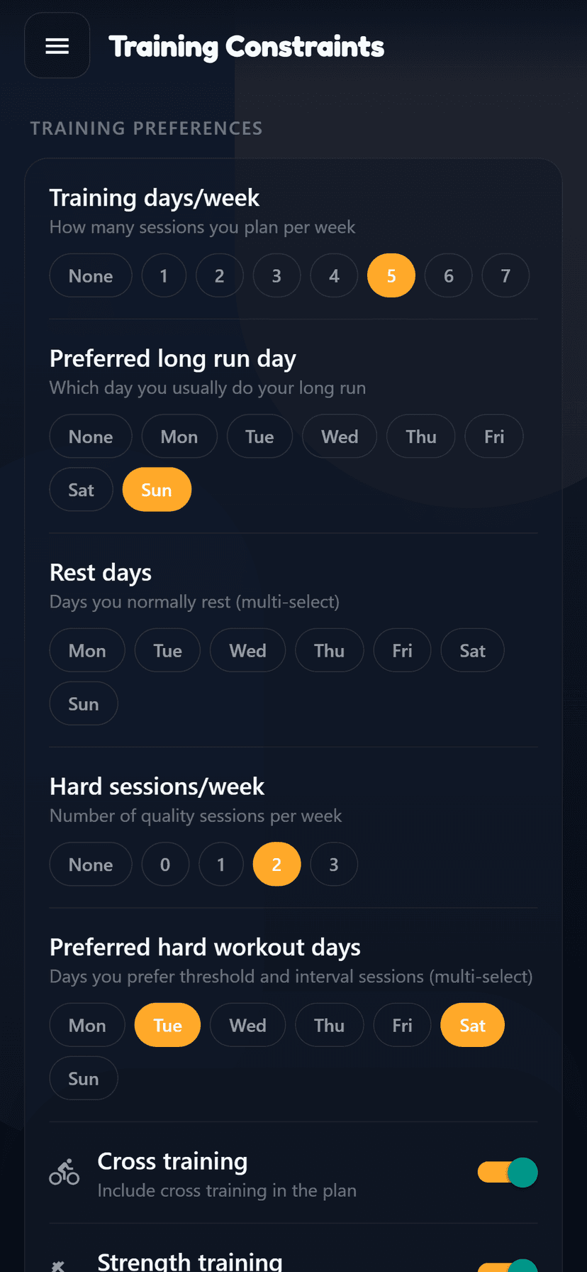 Coach Fartlek training constraints with training days and rest days