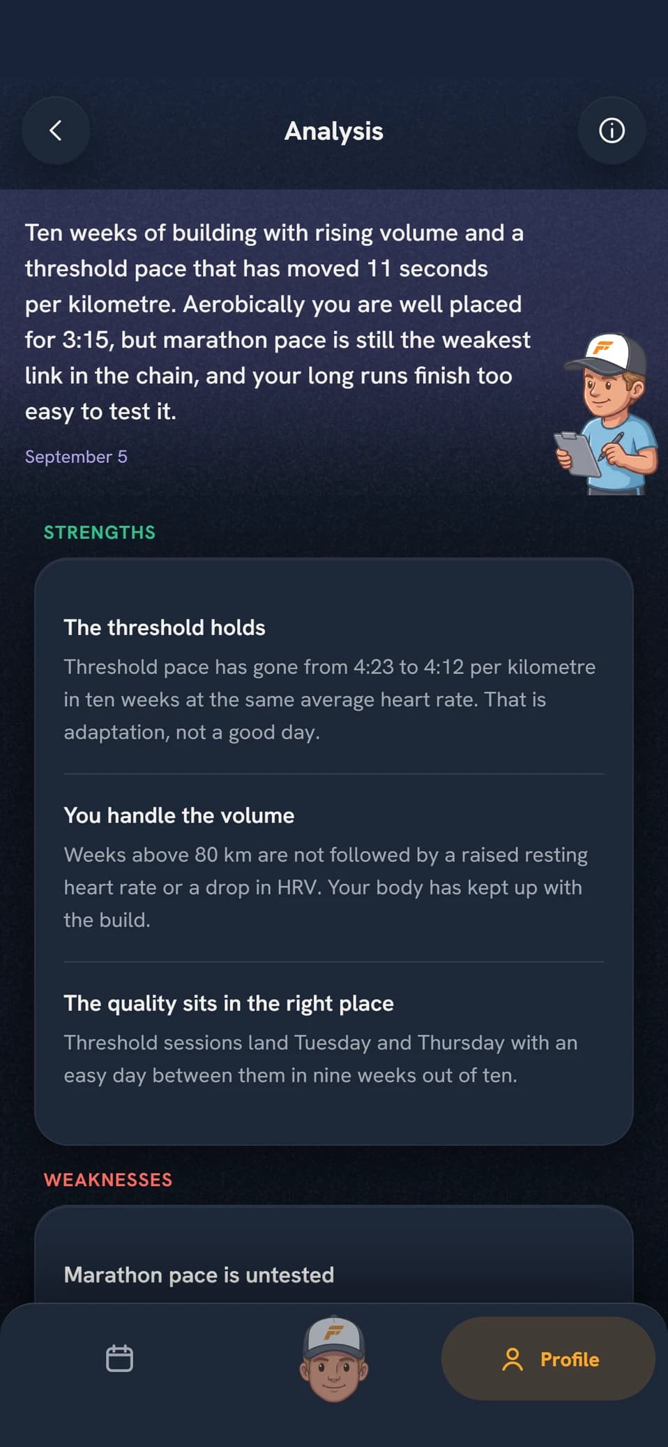 The deep analysis in Coach Fartlek with summary, strengths and weaknesses