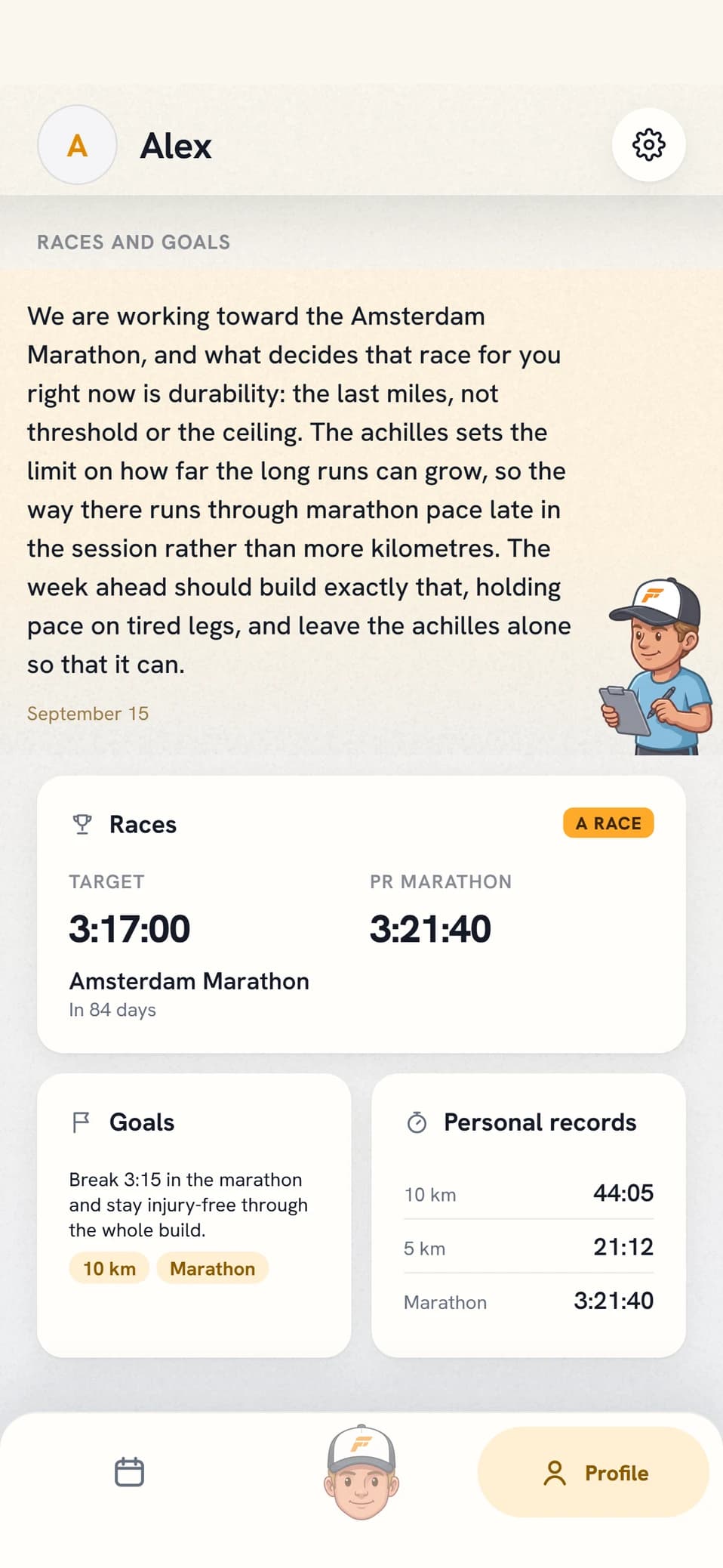 The Races and goals group in the Coach Fartlek profile, with the coach’s note on the path to your goal at the top