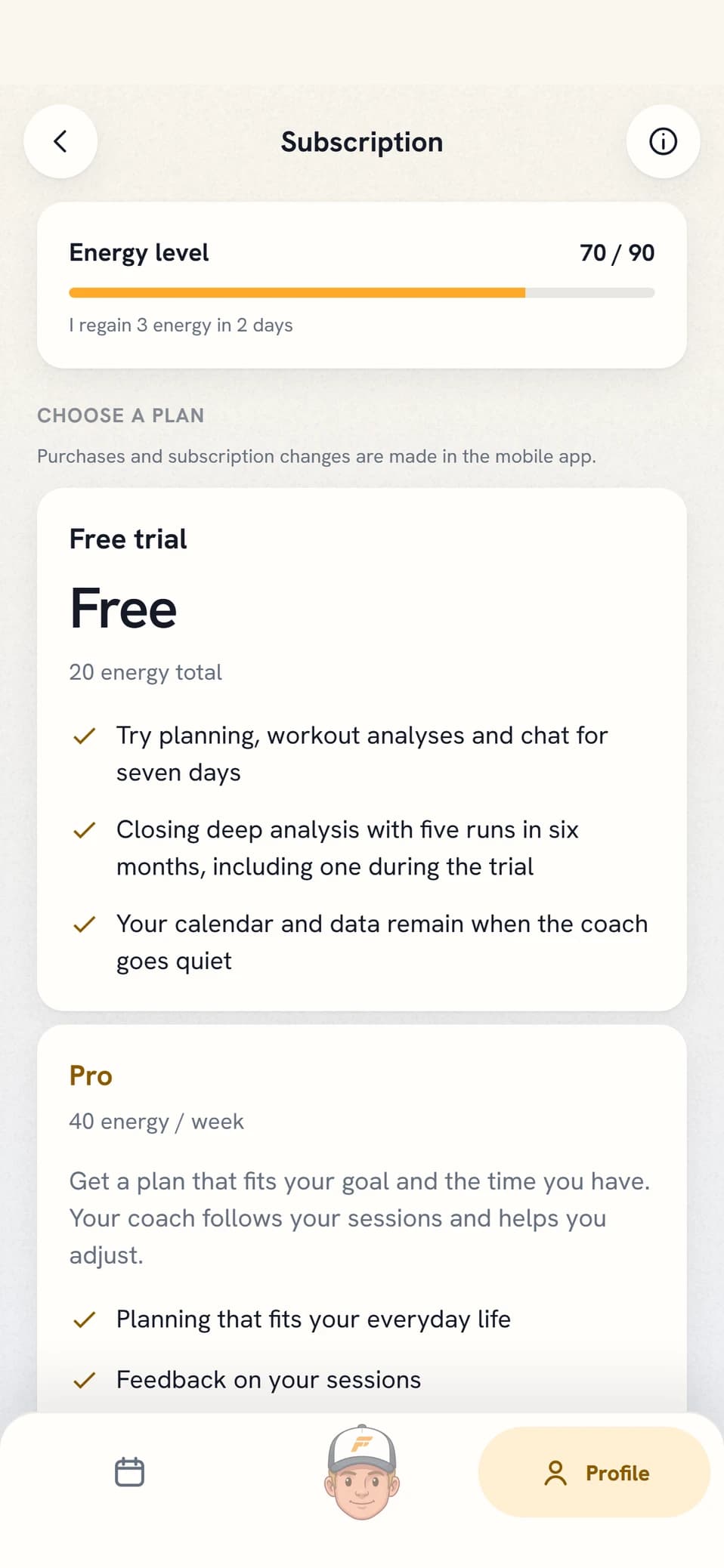 The subscription view in Coach Fartlek with the energy level at the top and the Free trial and Pro tiers below