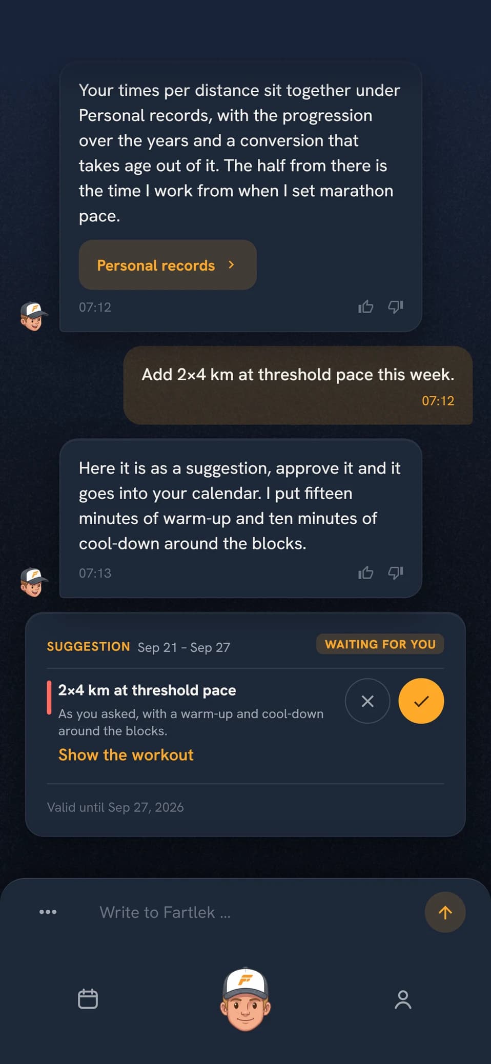 A dictated request in chat that the coach answers with a suggestion card