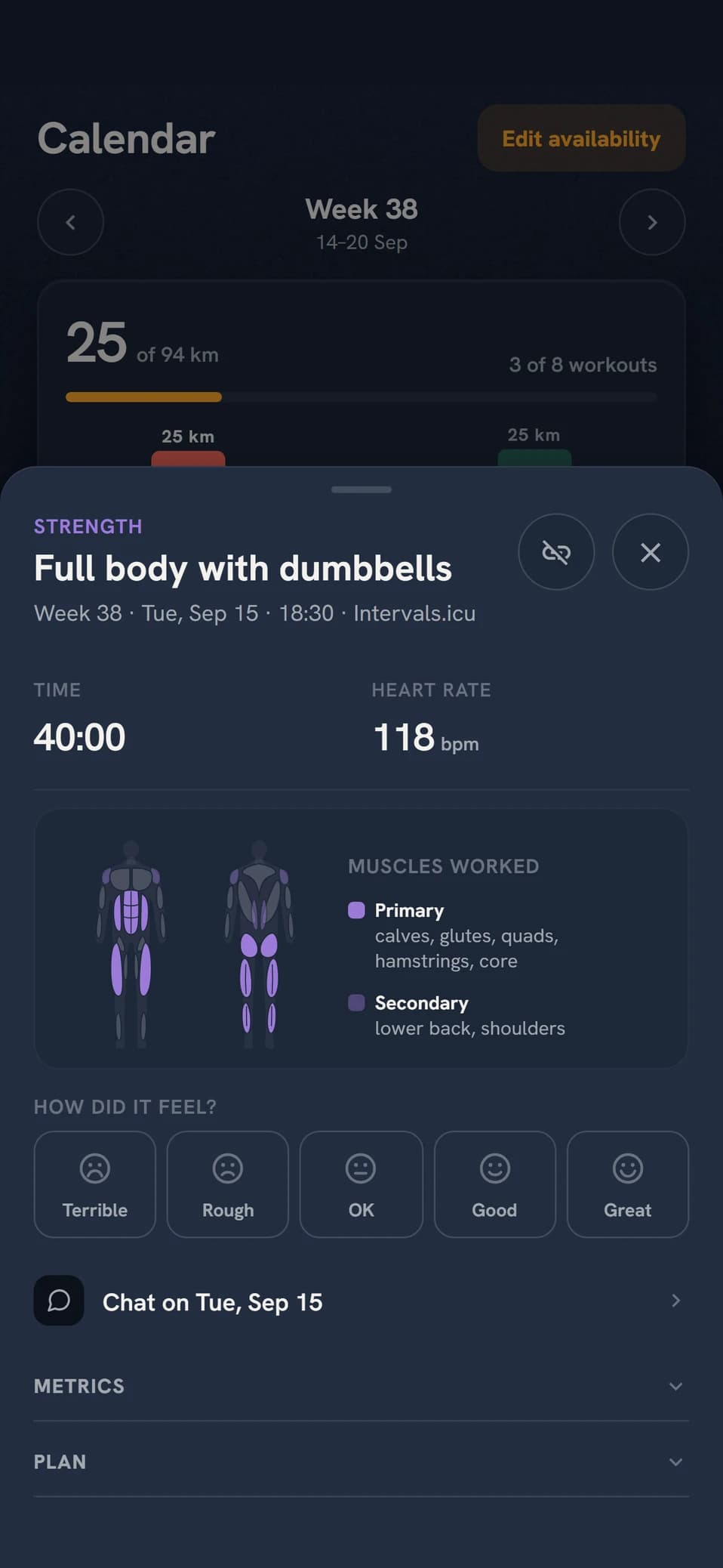 A completed strength session in Coach Fartlek with time, heart rate and muscle map