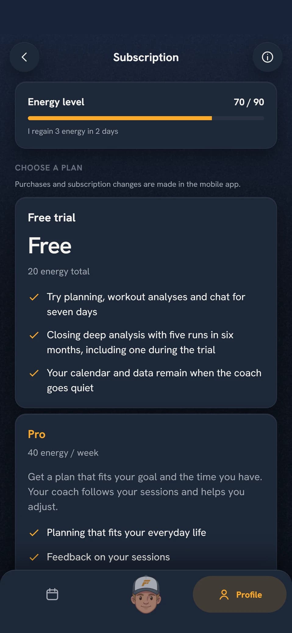 The subscription view in Coach Fartlek with the energy level at the top and the Free trial and Pro tiers below